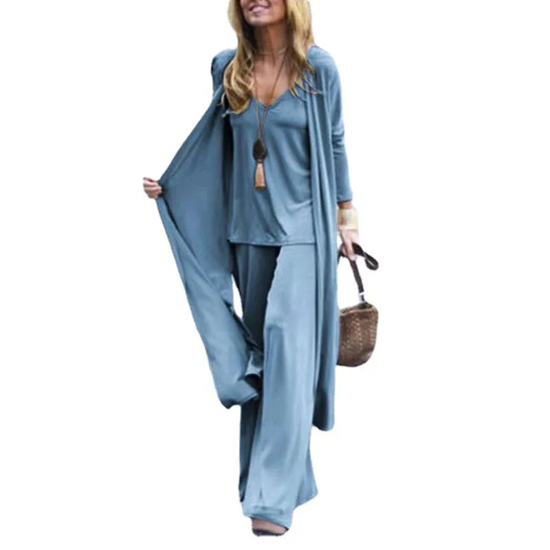 TAMBREET Three Piece Sets Fashion Long Cardigan Cover Up V-Neck Sling Tank Undershirt Whit Straight Pant Suit Causal Loose Solid Sets