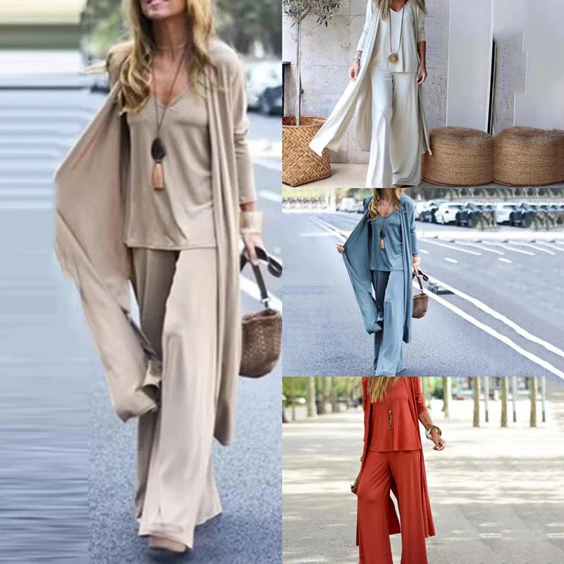 TAMBREET Three Piece Sets Fashion Long Cardigan Cover Up V-Neck Sling Tank Undershirt Whit Straight Pant Suit Causal Loose Solid Sets