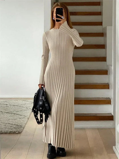 TAMBREET Tossy Lace-Up Female Knit Maxi Dress Autumn High Waist Fashion Patchwork Long Sleeve Loose Solid Dress Bandage Knitwear Dress