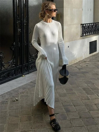 TAMBREET Tossy Lace-Up Female Knit Maxi Dress Autumn High Waist Fashion Patchwork Long Sleeve Loose Solid Dress Bandage Knitwear Dress