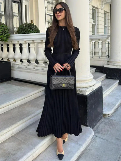 TAMBREET Tossy Lace-Up Female Knit Maxi Dress Autumn High Waist Fashion Patchwork Long Sleeve Loose Solid Dress Bandage Knitwear Dress