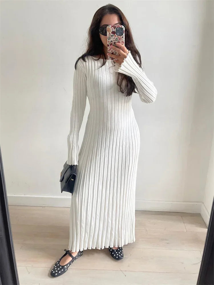 TAMBREET Tossy Lace-Up Female Knit Maxi Dress Autumn High Waist Fashion Patchwork Long Sleeve Loose Solid Dress Bandage Knitwear Dress