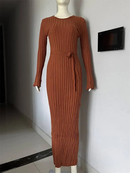 TAMBREET Tossy Lace-Up Female Knit Maxi Dress Autumn High Waist Fashion Patchwork Long Sleeve Loose Solid Dress Bandage Knitwear Dress