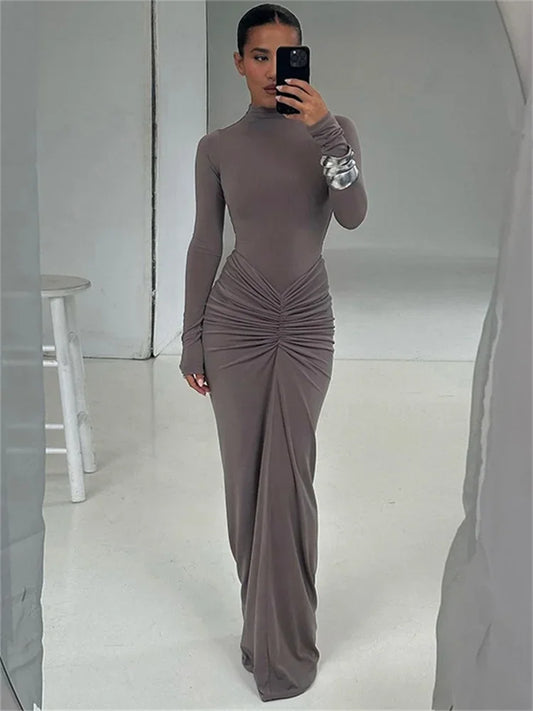 TAMBREET Tossy Pleated Fashion Patchwork Long Dress Women's High Waist Long Sleeve Solid Slim Party Dress Summer 2024 Female Maxi Dress