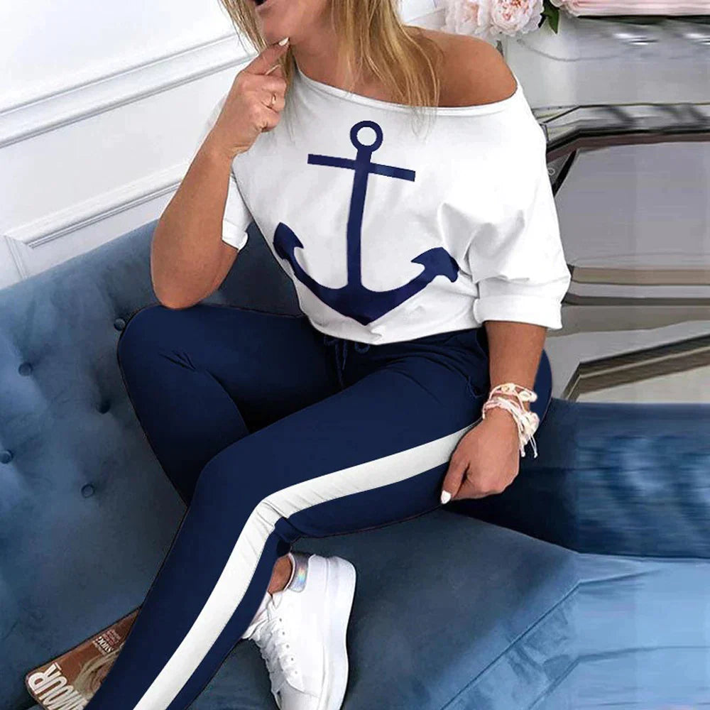 TAMBREET Tracksuit Women Pants Set Fashion Clothes Summer 2023 Boat Anchor Print Patchwork Casual Stretch Bodycon Two Piece Matching