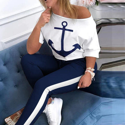 TAMBREET Tracksuit Women Pants Set Fashion Clothes Summer 2023 Boat Anchor Print Patchwork Casual Stretch Bodycon Two Piece Matching