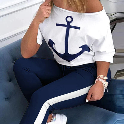 TAMBREET Tracksuit Women Pants Set Fashion Clothes Summer 2023 Boat Anchor Print Patchwork Casual Stretch Bodycon Two Piece Matching