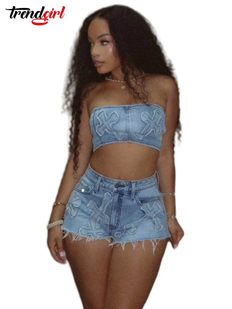 TAMBREET Trendgirl Sexy Night Club Stretch Denim Embroidery Two 2 Piece Sets Women Strapless Cargo Tops and Shorts Outfits Beach  Suits