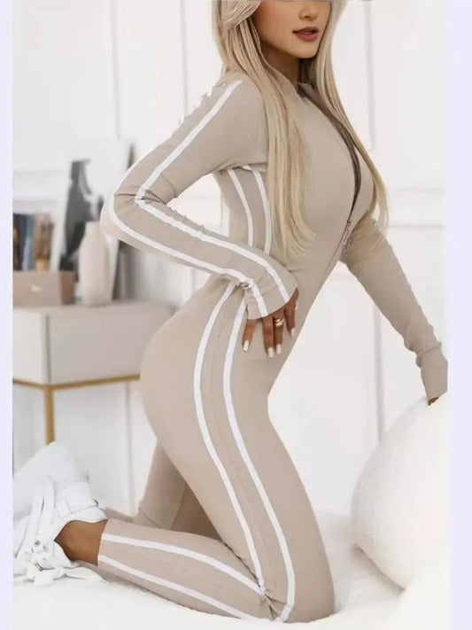 TAMBREET Trendy Black/beige Bodycon Jumpsuit Women Sport Rompers Autumn Winter Stripe Splic Fitness Long Sleeve Zipper Elastic One Piece