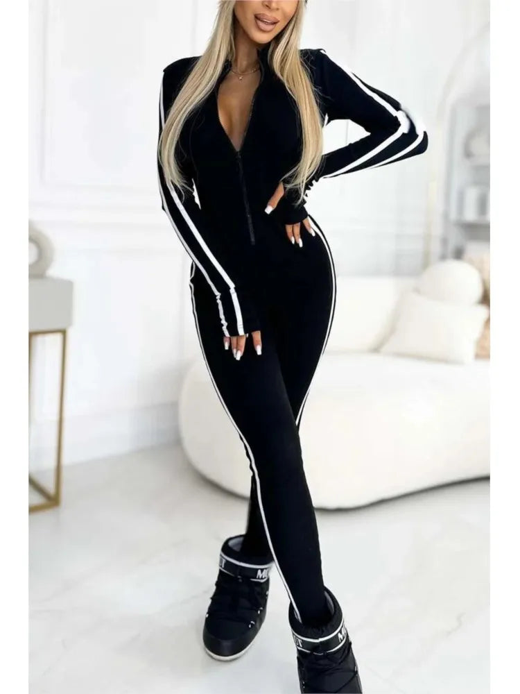 TAMBREET Trendy Black/beige Bodycon Jumpsuit Women Sport Rompers Autumn Winter Stripe Splic Fitness Long Sleeve Zipper Elastic One Piece