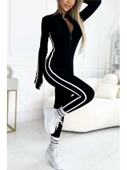 TAMBREET Trendy Black/beige Bodycon Jumpsuit Women Sport Rompers Autumn Winter Stripe Splic Fitness Long Sleeve Zipper Elastic One Piece