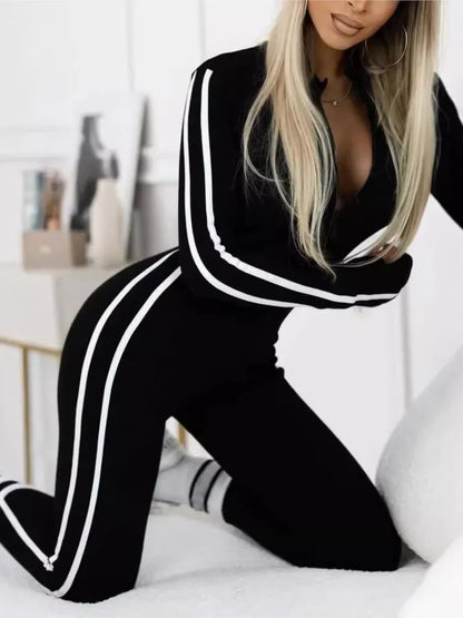 TAMBREET Trendy Black/beige Bodycon Jumpsuit Women Sport Rompers Autumn Winter Stripe Splic Fitness Long Sleeve Zipper Elastic One Piece