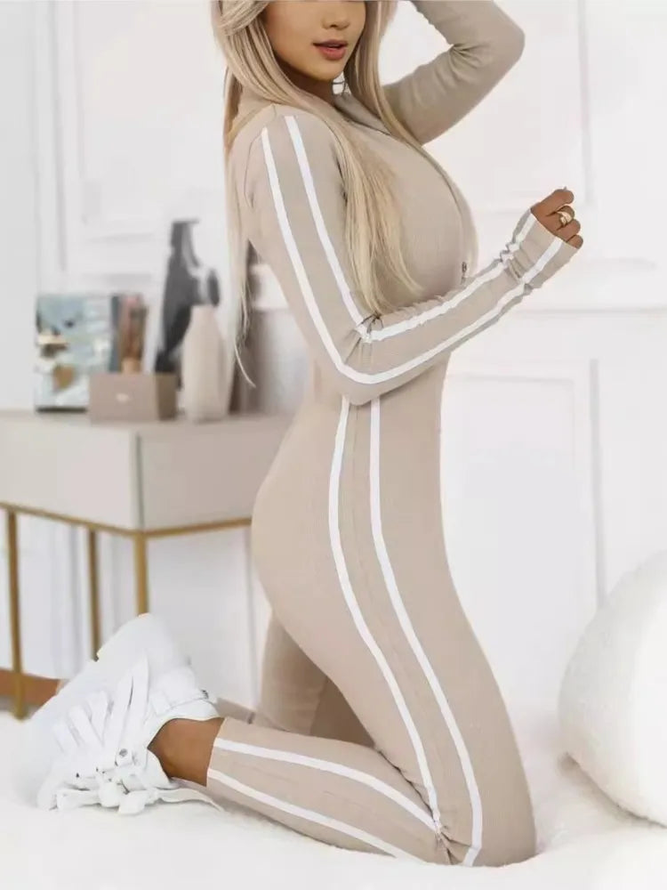 TAMBREET Trendy Black/beige Bodycon Jumpsuit Women Sport Rompers Autumn Winter Stripe Splic Fitness Long Sleeve Zipper Elastic One Piece