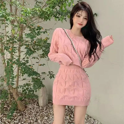 TAMBREET Two Piece OF Pullover Autumn/Winter Knitted Sweater Set Pure Desire Short Sweater Sexy Spicy Girl Arm Wrap Skirt Sweater Female