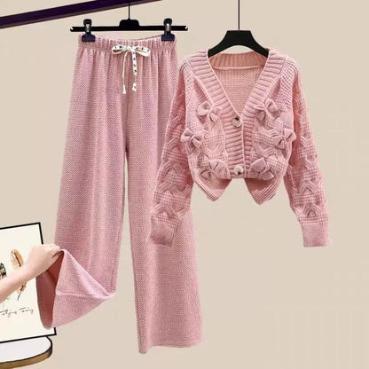 TAMBREET Two Piece Set For Women New In Sweater Matching Sets Korean Sweet Bow Outfit Long Sleeve Cardigan Knitwear Wide Leg Pants Set