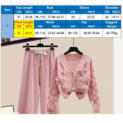 TAMBREET Two Piece Set For Women New In Sweater Matching Sets Korean Sweet Bow Outfit Long Sleeve Cardigan Knitwear Wide Leg Pants Set