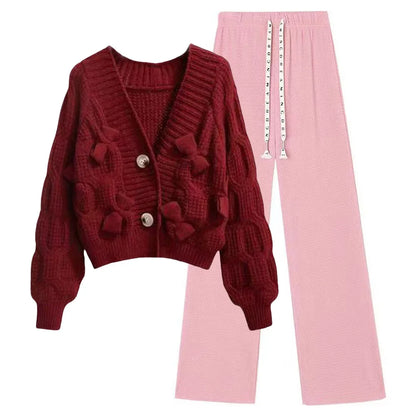 TAMBREET Two Piece Set For Women New In Sweater Matching Sets Korean Sweet Bow Outfit Long Sleeve Cardigan Knitwear Wide Leg Pants Set