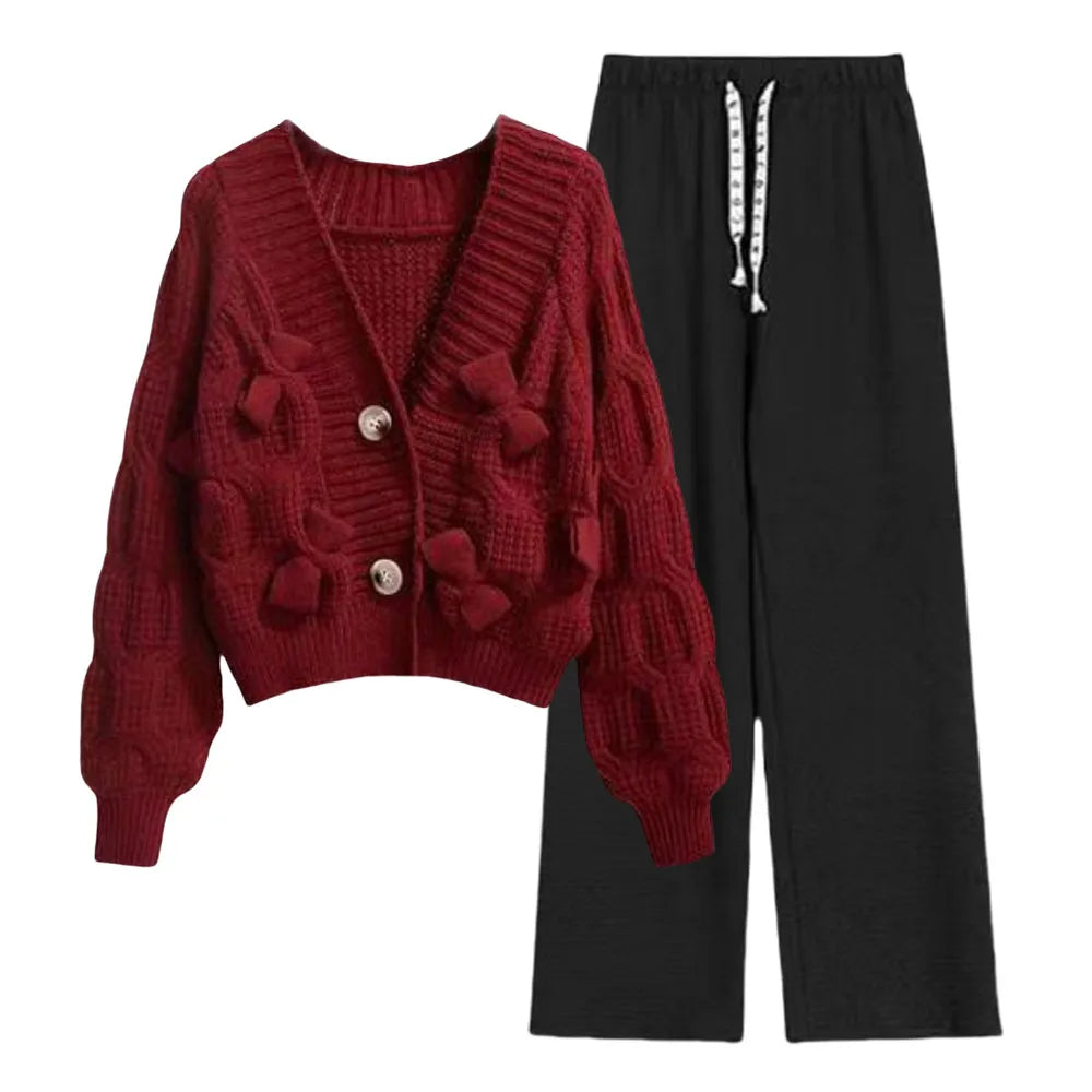 TAMBREET Two Piece Set For Women New In Sweater Matching Sets Korean Sweet Bow Outfit Long Sleeve Cardigan Knitwear Wide Leg Pants Set