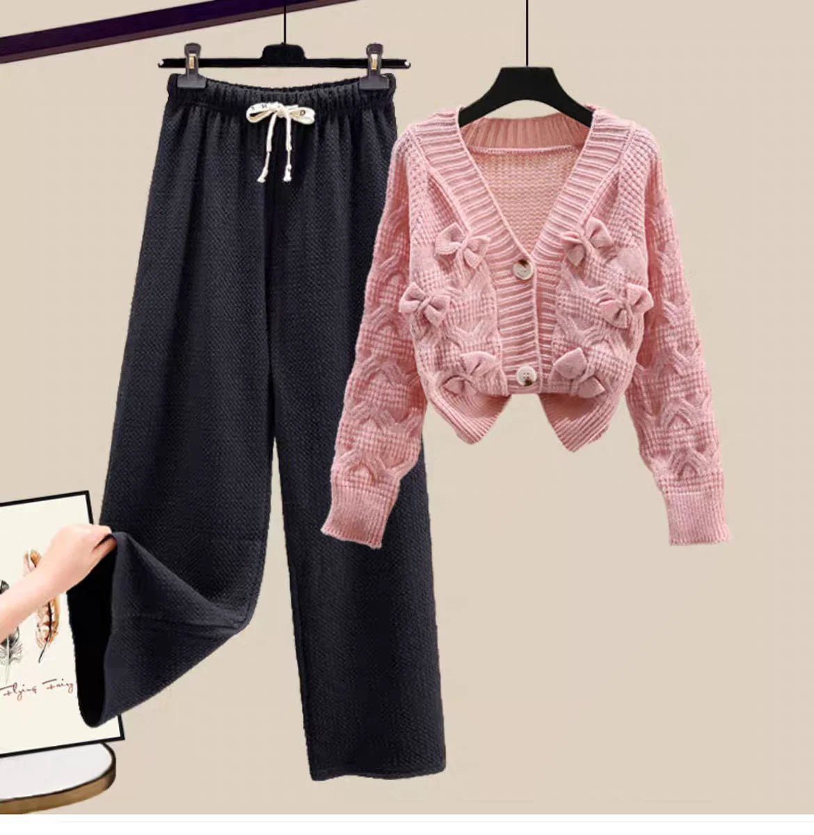 TAMBREET Two Piece Set For Women New In Sweater Matching Sets Korean Sweet Bow Outfit Long Sleeve Cardigan Knitwear Wide Leg Pants Set