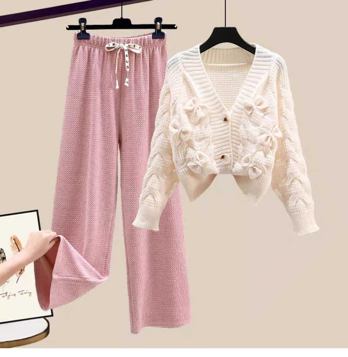 TAMBREET Two Piece Set For Women New In Sweater Matching Sets Korean Sweet Bow Outfit Long Sleeve Cardigan Knitwear Wide Leg Pants Set