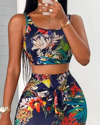 TAMBREET Two Piece Sets Womens Outifits 2024 Summer Fashion Tropical Print U-Neck Sleeveless Crop Tank Top & Casual Skinny Midi Skirt Set