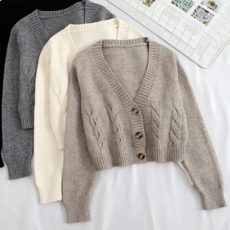 TAMBREET V Neck Cropped Cardigan Women Long Sleeve Twist Knitted Sweater Coats Autumn Winter Keep Warm Korean Fashion Jacket Cardigan