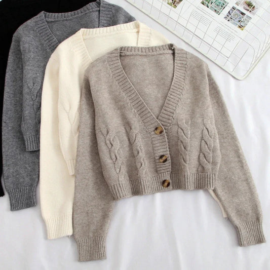 TAMBREET V Neck Cropped Cardigan Women Long Sleeve Twist Knitted Sweater Coats Autumn Winter Keep Warm Korean Fashion Jacket Cardigan