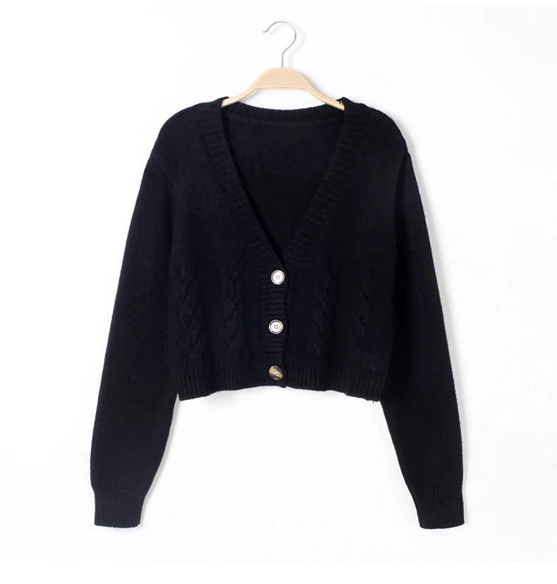 TAMBREET V Neck Cropped Cardigan Women Long Sleeve Twist Knitted Sweater Coats Autumn Winter Keep Warm Korean Fashion Jacket Cardigan