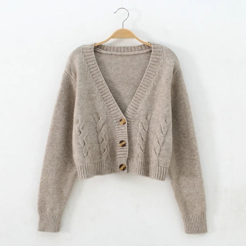 TAMBREET V Neck Cropped Cardigan Women Long Sleeve Twist Knitted Sweater Coats Autumn Winter Keep Warm Korean Fashion Jacket Cardigan