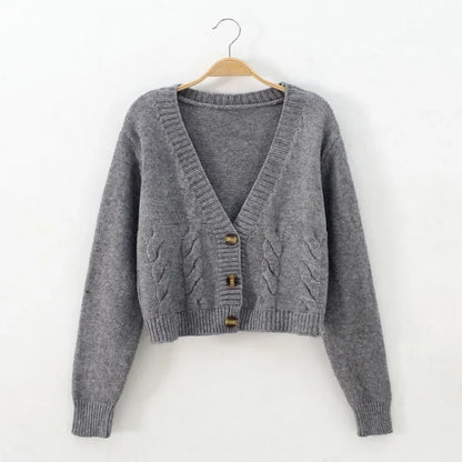 TAMBREET V Neck Cropped Cardigan Women Long Sleeve Twist Knitted Sweater Coats Autumn Winter Keep Warm Korean Fashion Jacket Cardigan