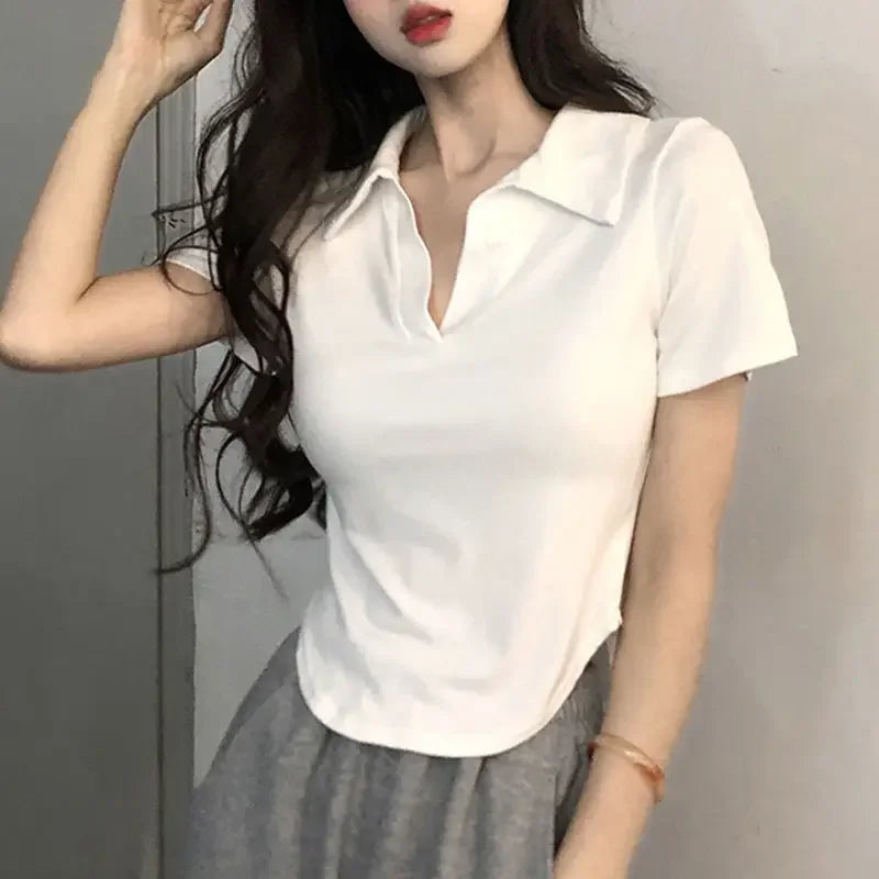 TAMBREET V-neck Shoulder White Short sleeve T-shirt Women Summer Design Sense Niche Irregular Slim fit Slimming Gyaru Pure Desire Top