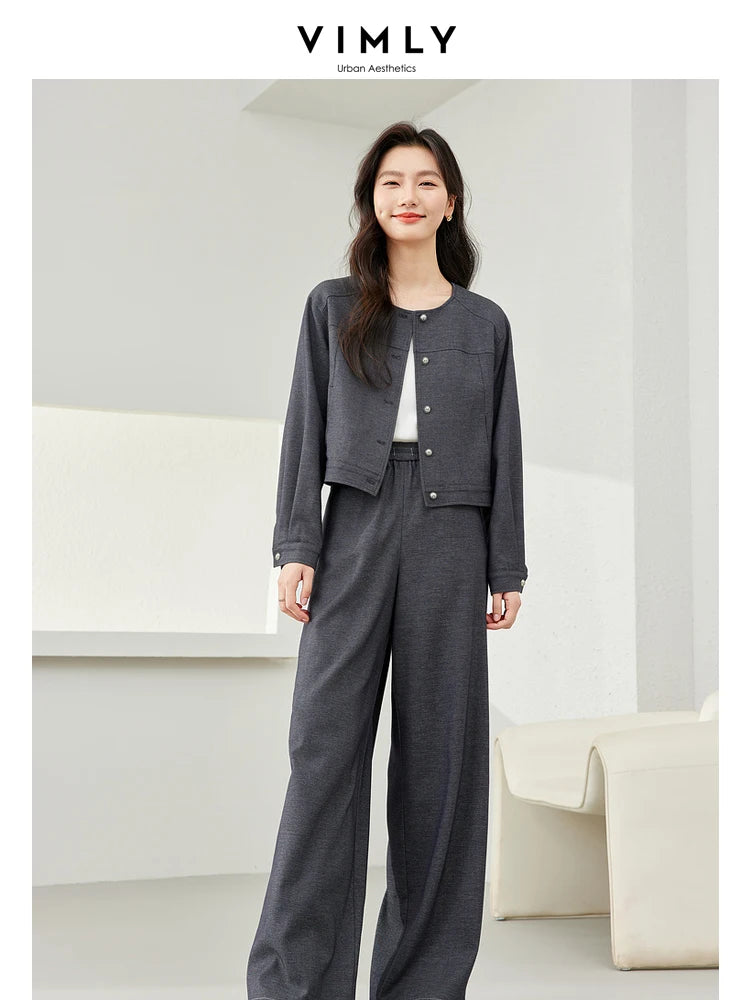 TAMBREET VIMLY Women's Two Piece Set Autumn Long Sleeve Cardigan Jacket+Elastic Waist Pants Commuter Style Casual Simple Workwear Suit