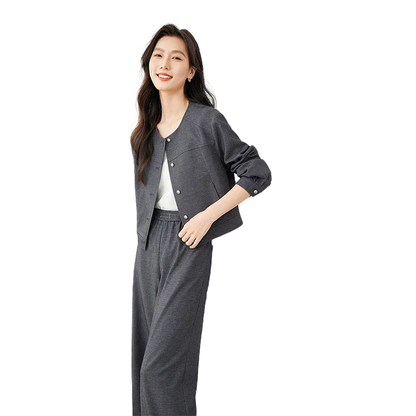 TAMBREET VIMLY Women's Two Piece Set Autumn Long Sleeve Cardigan Jacket+Elastic Waist Pants Commuter Style Casual Simple Workwear Suit