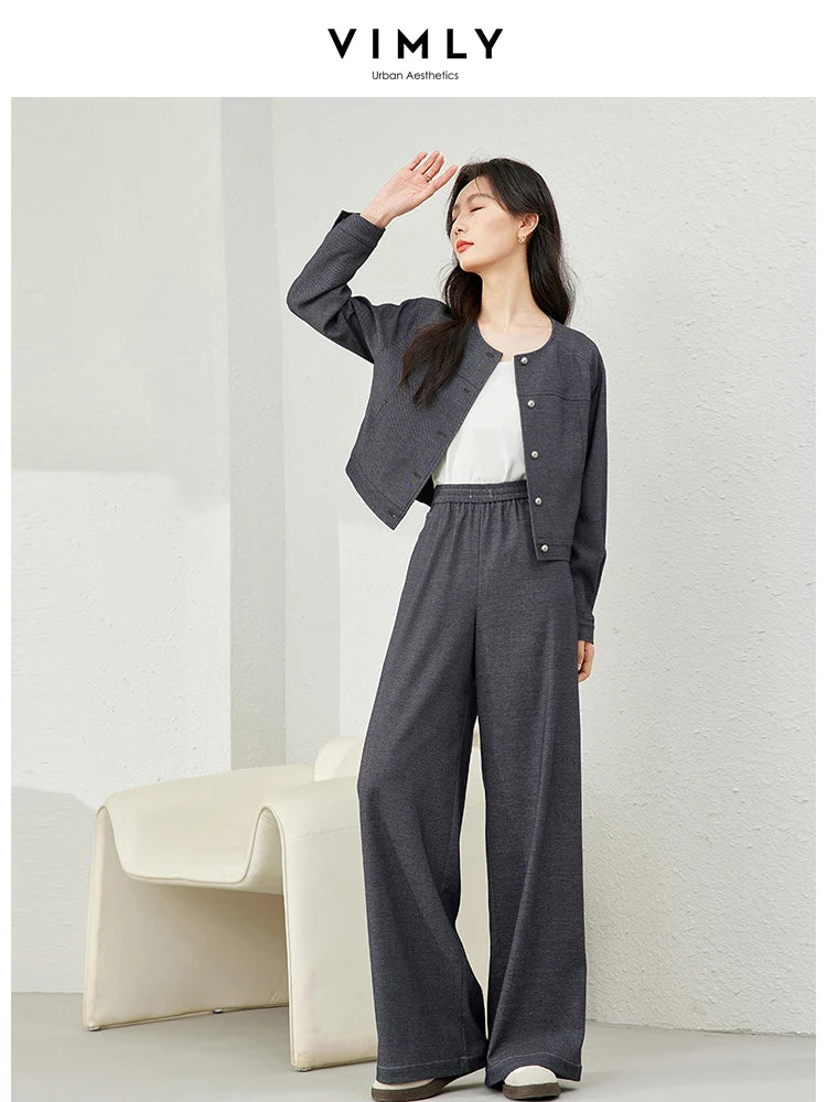 TAMBREET VIMLY Women's Two Piece Set Autumn Long Sleeve Cardigan Jacket+Elastic Waist Pants Commuter Style Casual Simple Workwear Suit