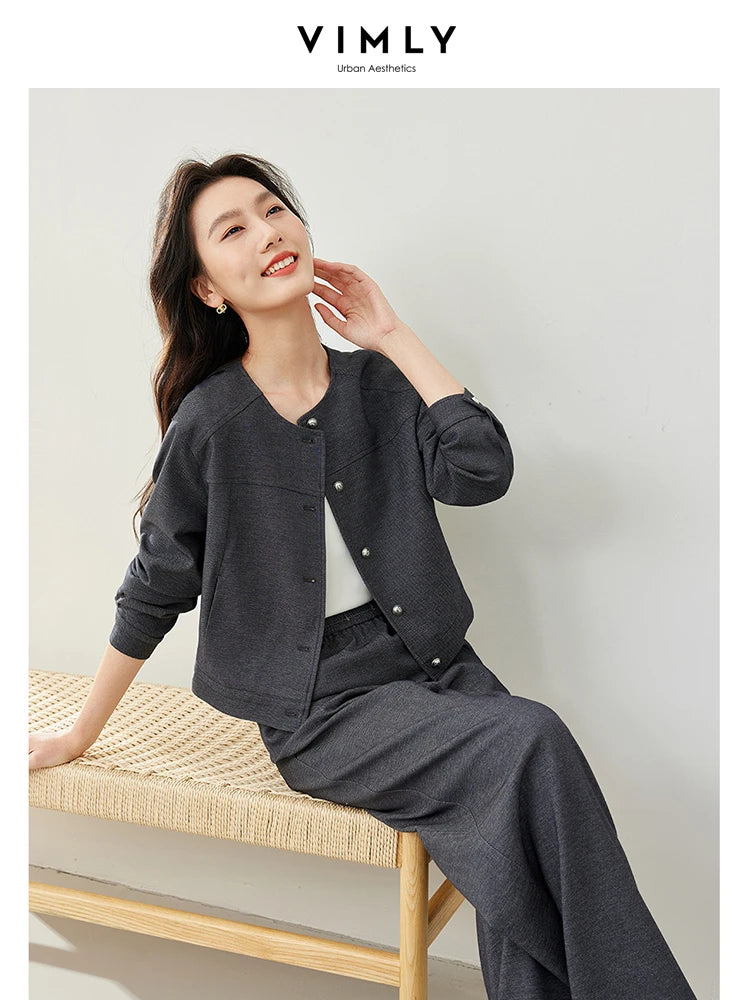 TAMBREET VIMLY Women's Two Piece Set Autumn Long Sleeve Cardigan Jacket+Elastic Waist Pants Commuter Style Casual Simple Workwear Suit