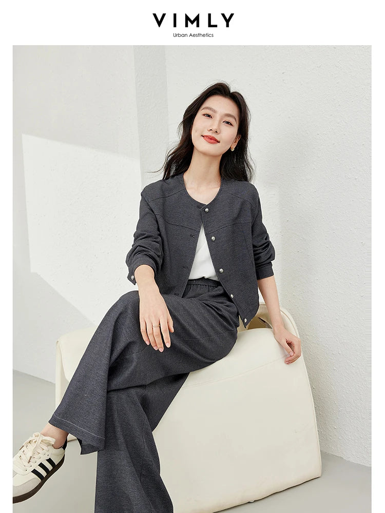 TAMBREET VIMLY Women's Two Piece Set Autumn Long Sleeve Cardigan Jacket+Elastic Waist Pants Commuter Style Casual Simple Workwear Suit