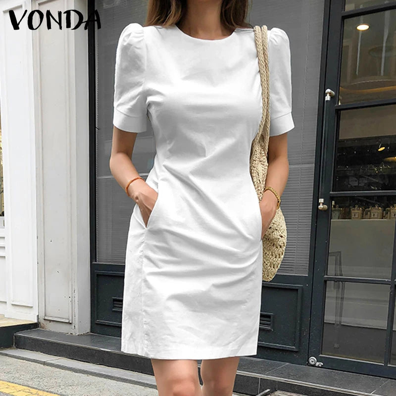 TAMBREET VONDA Women Sundress 2024 Summer Fashion Solid Casual A-Line Mini Dresses O-Neck Pocket Slim Short Sleeve Office Robe Oversized