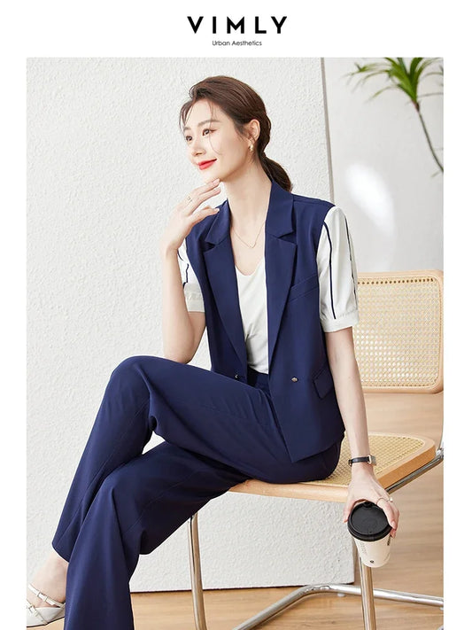 TAMBREET Vimly Office Ladies Chic and Elegant Woman Wide Leg Suit Pants Set Patchwork Short Sleeve Blazers Suit 2024 Women Summer Outfits