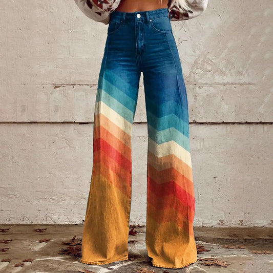 TAMBREET Vintage Gradient Faux Denim Pants Womens Wide Leg New Fashion High Waist Casual Retro Punk Women Faux Denim Trousers Jeans