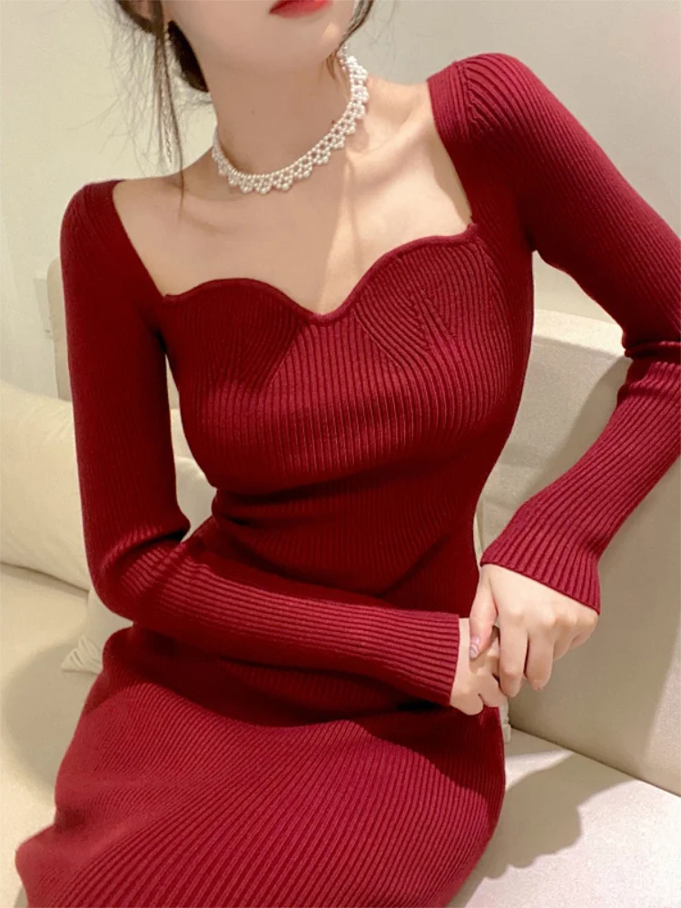 TAMBREET Vintage Harajuku Slim Sweater Dress Women Autumn Winter Long Sleeve Bodycon Knitted Midi Dresses Party Evening Club Female