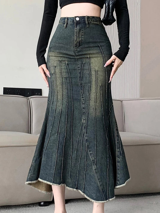 TAMBREET  Vintage Ripped Women Mermaid Skirt 2024 New Fashion Y2K Streetwear Jeans Skirts Female Retro Casual Irregular Hip Skirts Denim