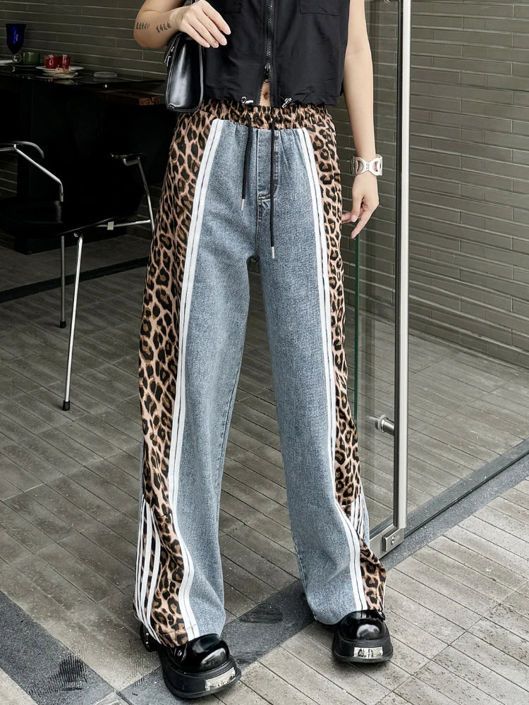 TAMBREET Vintage Street Leopard Print Wide Leg Pants Splicing High Waist Jeans Women 2024 Summer Loose Elastic Casual Trousers Streetwear