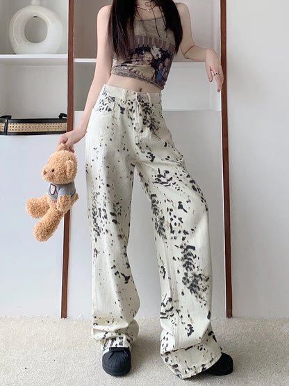 TAMBREET WCFCX STUDIO American Retro Trendy Leopard Print Jeans Women's High Street Straight Trousers Harajuku Style Baggy Casual Pants