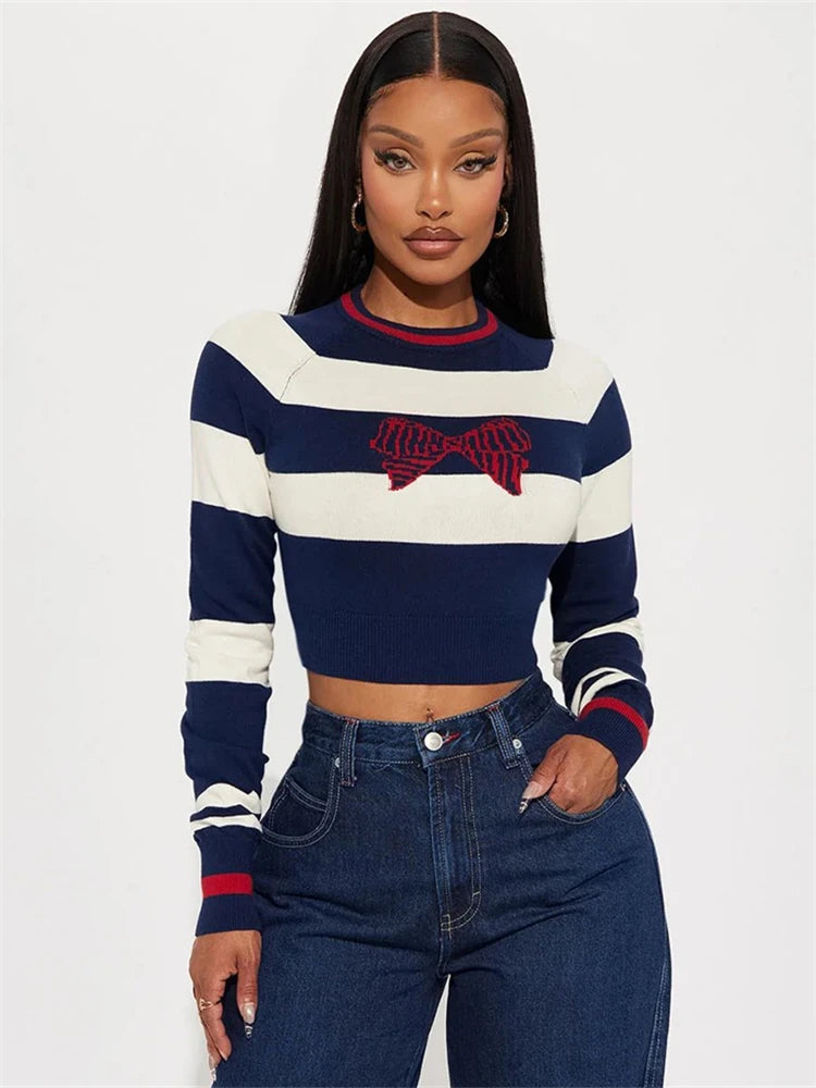 TAMBREET WLWXR Autumn Winter Striped Bow Pullover Sweater For Women 2024 O-Neck Long Sleeve Jumpers Ladies Casual Daily Knit Crop Tops