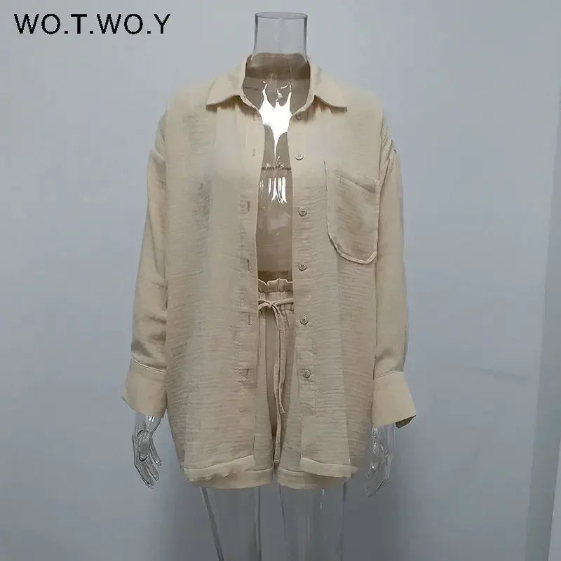 TAMBREET WOTWOY Casual 100% Cotton Summer Set Two Piece Women Long Sleeve Loose Shirts Tops with Shorts Female High Waist Tracksuits 2024