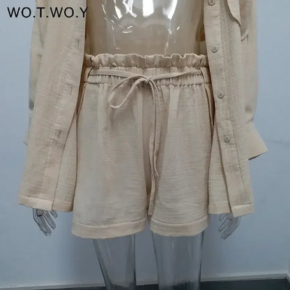 TAMBREET WOTWOY Casual 100% Cotton Summer Set Two Piece Women Long Sleeve Loose Shirts Tops with Shorts Female High Waist Tracksuits 2024