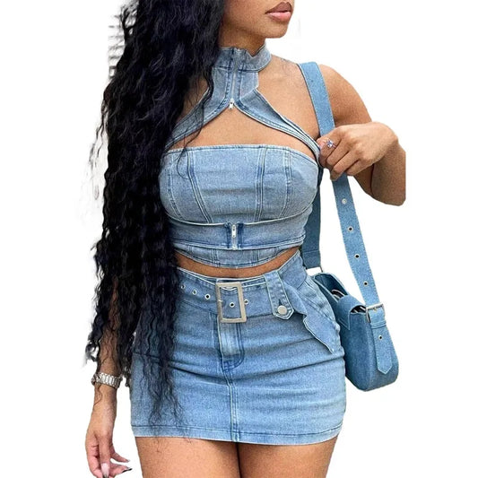 TAMBREET ashed Denim Women 2 Piece Set Sleeveless Halter Neck Crop Top High Waist Skinny Mini Skirts Matching Set 2024 Summer Outfits