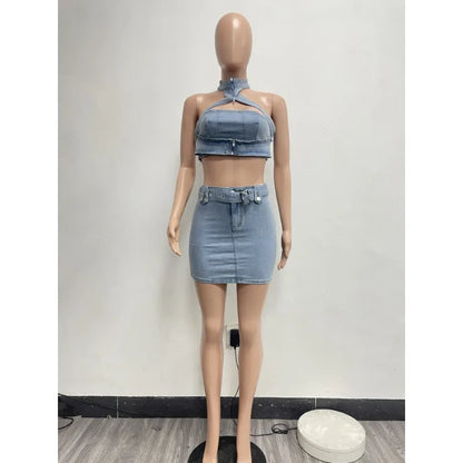 TAMBREET ashed Denim Women 2 Piece Set Sleeveless Halter Neck Crop Top High Waist Skinny Mini Skirts Matching Set 2024 Summer Outfits