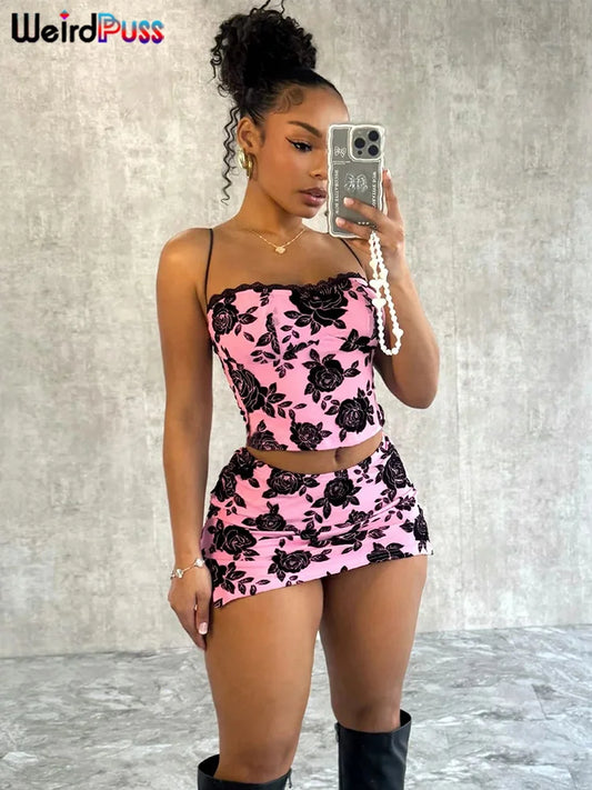 TAMBREET Weird Puss Flower Print Women 2 Piece Set Elegant Summer Trend Lace Bow Camisole+Peach Hip Skirts Matching Streetwear Outfits