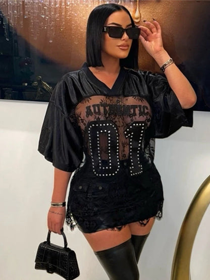 TAMBREET Weird Puss Jacquard Letter Print T-Shirts Women V-Neck See Through Backless Loose Short Sleeve Y2K Sexy Trend Streetwear Tops